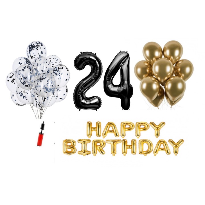 Комплект 33 балона, Domi Party & Gifts, Happy Birthday 24th юбилей, фолио цифри 100 см, черни