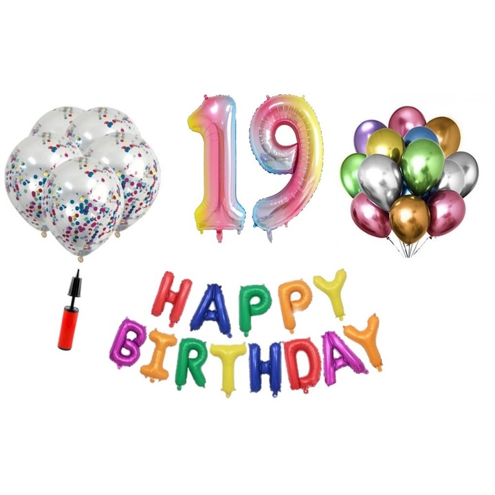 Set baloane, 36 elemente, Happy Birthday aniversare 19 ani, cifre folie 101 cm, curcubeu