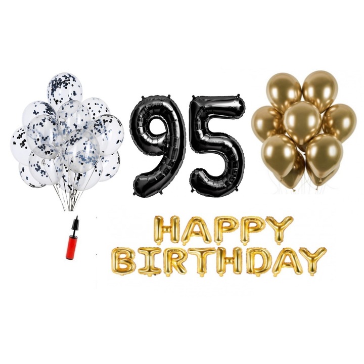 Комплект 36 балона, Happy Birthday 95 години юбилей, фолио цифри 100 см, черни