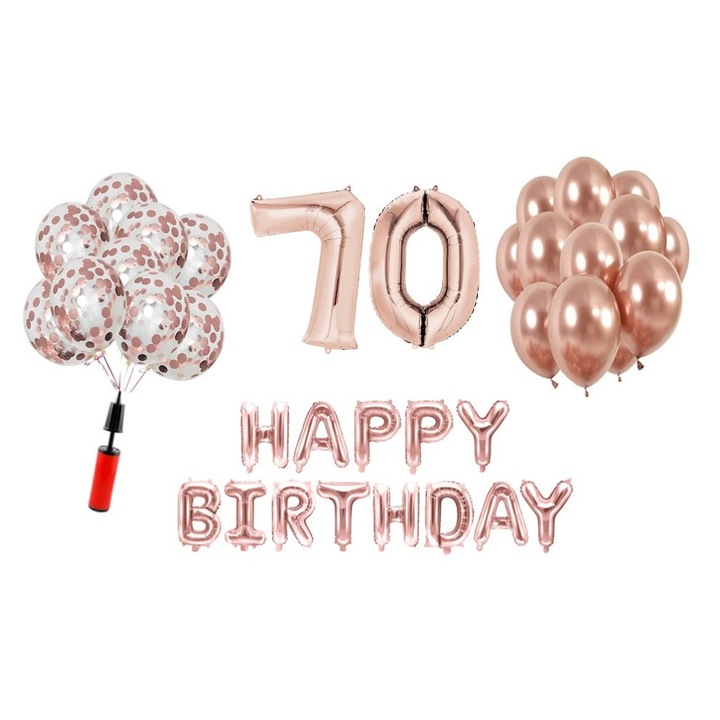 Комплект 33 балона, Domi Party & Gifts, Happy Birthday 70 years Юбилей, фолио цифри 100 см, розово злато