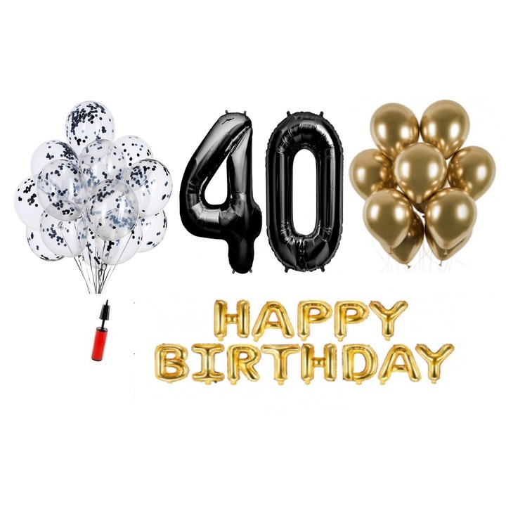 Комплект 33 балона, Domi Party & Gifts, Happy Birthday 40th Юбилей, фолио цифри 100 см, черен