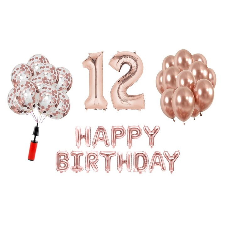 Комплект балони, 36 елемента, Happy Birthday 12 години, фолио цифри 101 см, розово злато