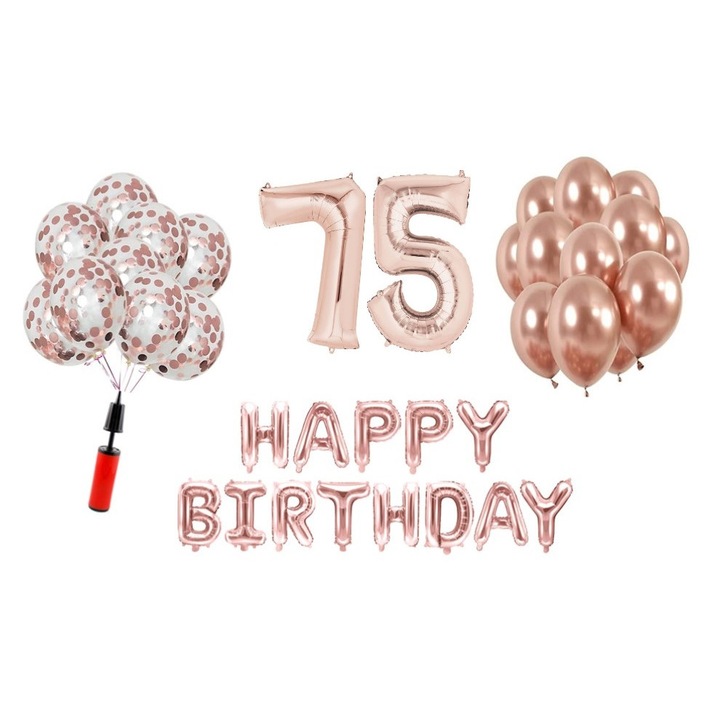 Комплект 36 балона, Happy Birthday 75 години юбилей, фолио цифри 100 см, розово злато