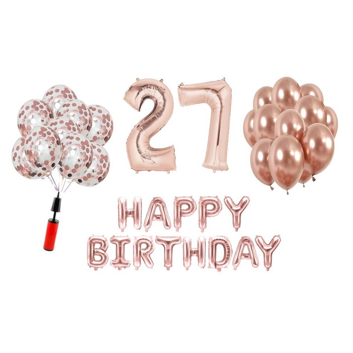 Комплект 33 балона, Domi Party & Gifts, Happy Birthday 27 години юбилей, фолио цифри 100 см, розово злато