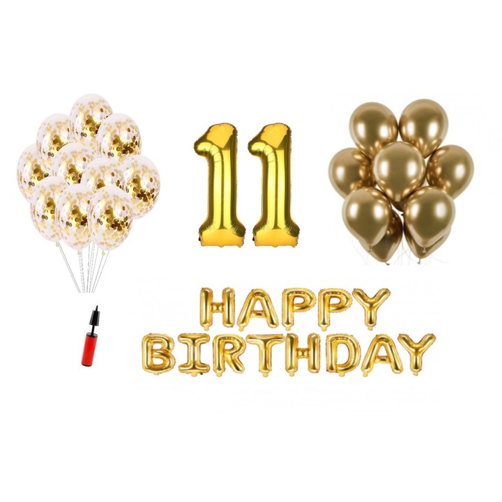 Комплект 36 балона, Happy Birthday 11 години юбилей, фолио цифри 100 см, златни
