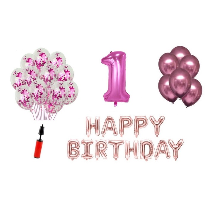Комплект балони, 35 елемента, Happy Birthday 1 year юбилей, фолио номер 101 см, розов