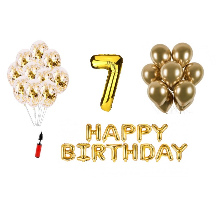 Set 35 baloane, Happy Birthday aniversare 7 ani, cifra folie 100 cm, auriu