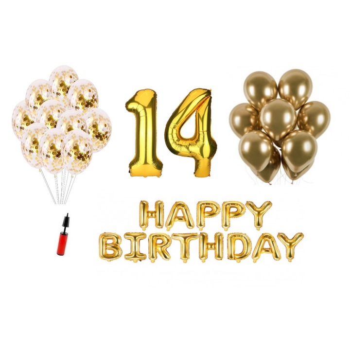 Комплект балони, 36 елемента, Happy Birthday 14 години, фолио цифри 101 см, златно