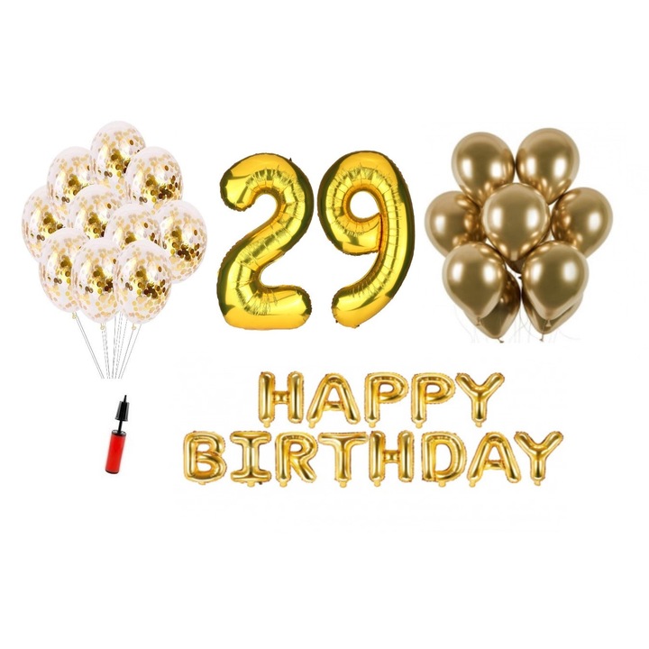 Комплект 33 балона, Domi Party & Gifts, Happy Birthday 29 години юбилей, фолио цифри 100 см, златно