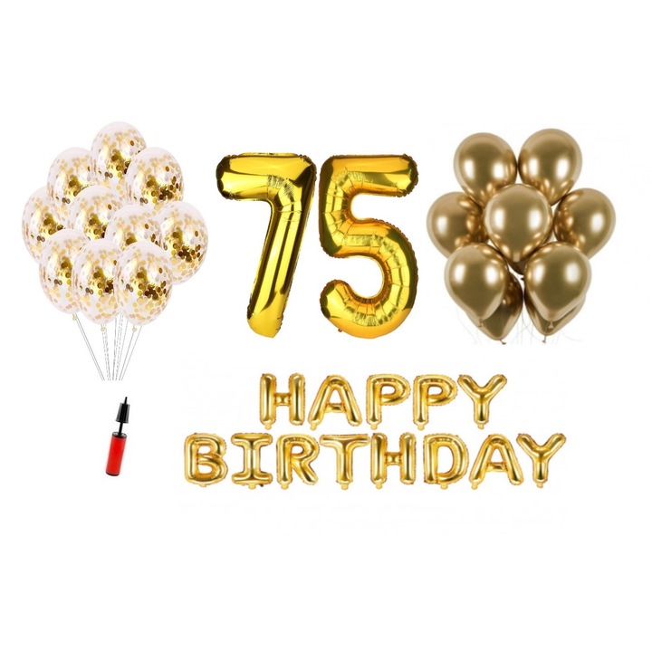 Комплект 36 балона, Happy Birthday 75 години юбилей, фолио цифри 100 см, златни