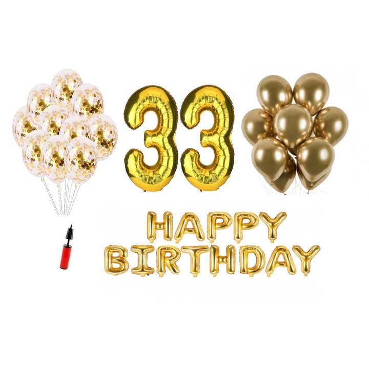 Комплект 33 балона, Domi Party & Gifts, Happy Birthday 33 години юбилей, фолио цифри 100 см, златно