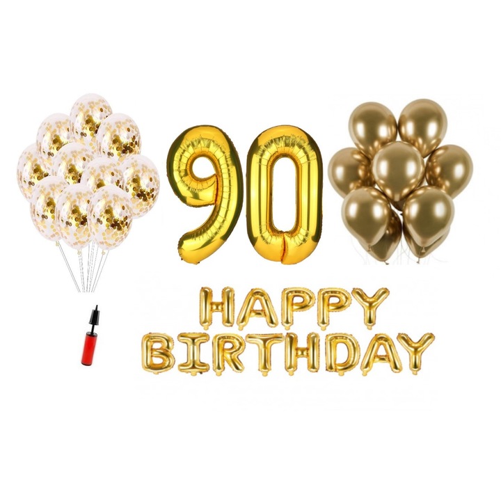 Комплект 36 балона, Happy Birthday 90 години юбилей, фолио цифри 100 см, златни