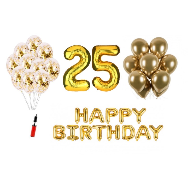 Комплект балони, 36 елемента, Happy Birthday 25 години, фолио цифри 101 см, златно