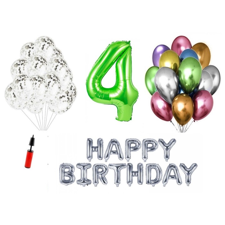 Set baloane, 35 elemente, Happy Birthday aniversare 4 ani, cifra folie 101 cm, verde