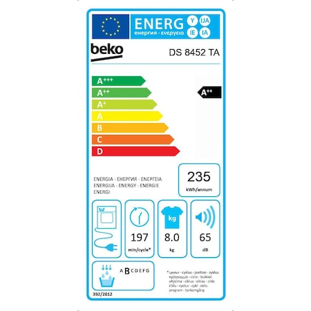 Uscator de rufe Beko DS8452TA, Pompa de caldura, 8 kg, Clasa A++, Ecosense, Aquawave, Alb