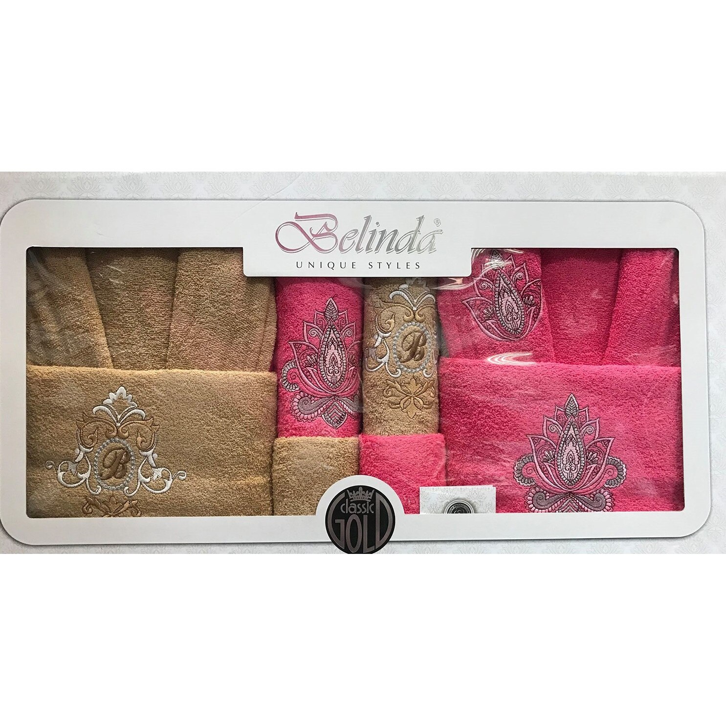 Set baie Belinda 10 piese, 2 x halat marime universala + 6 prosoape + 2 saculeti baie, culori bej + fucsia