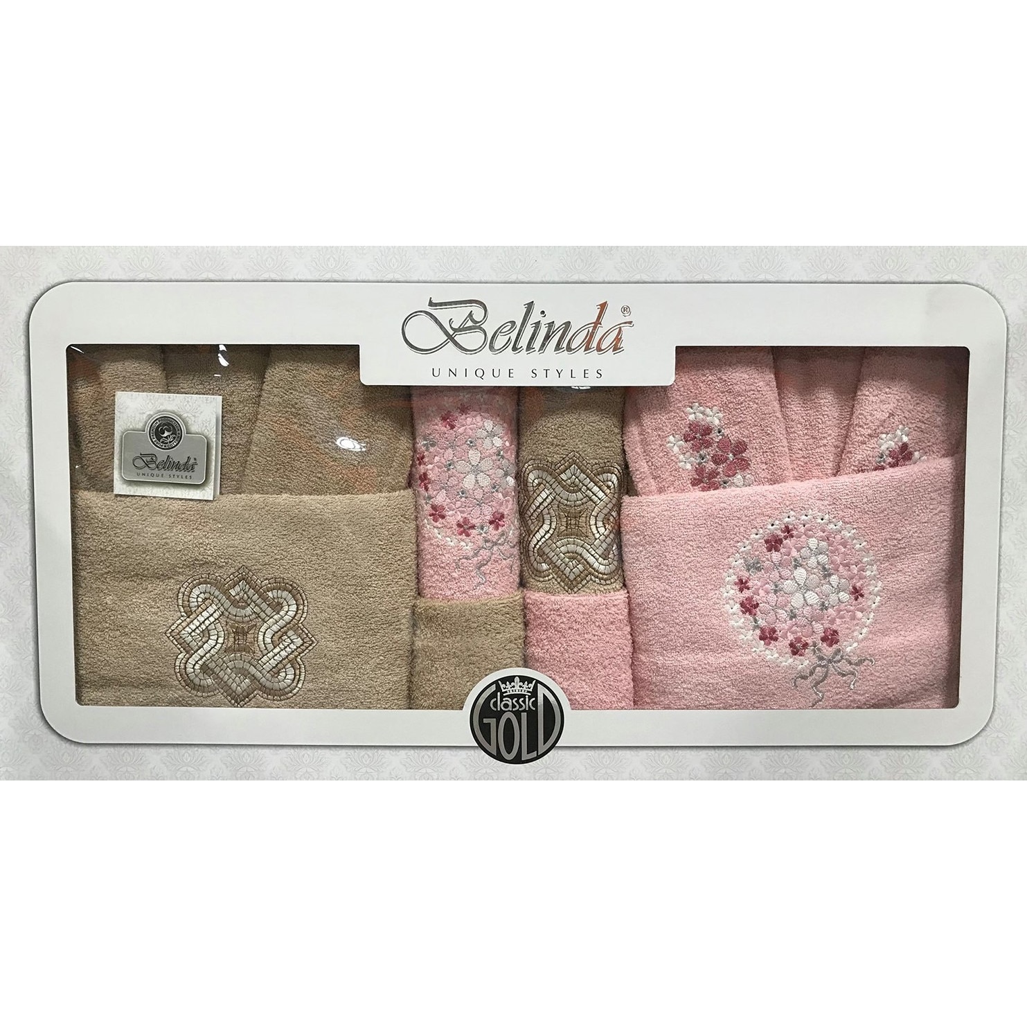 Set baie Belinda 10 piese, 2 x halat marime universala + 6 prosoape + 2 saculeti baie, culori bej + roz