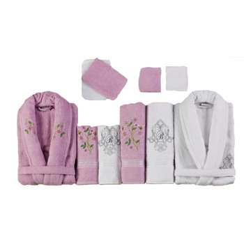 Set baie Belinda 10 piese, 2 x halat marime universala + 6 prosoape + 2 saculeti baie, culori alb+lila Set baie Belinda 10 piese, 2 x halat marime universala + 6 prosoape + 2 saculeti baie, culori alb+lila