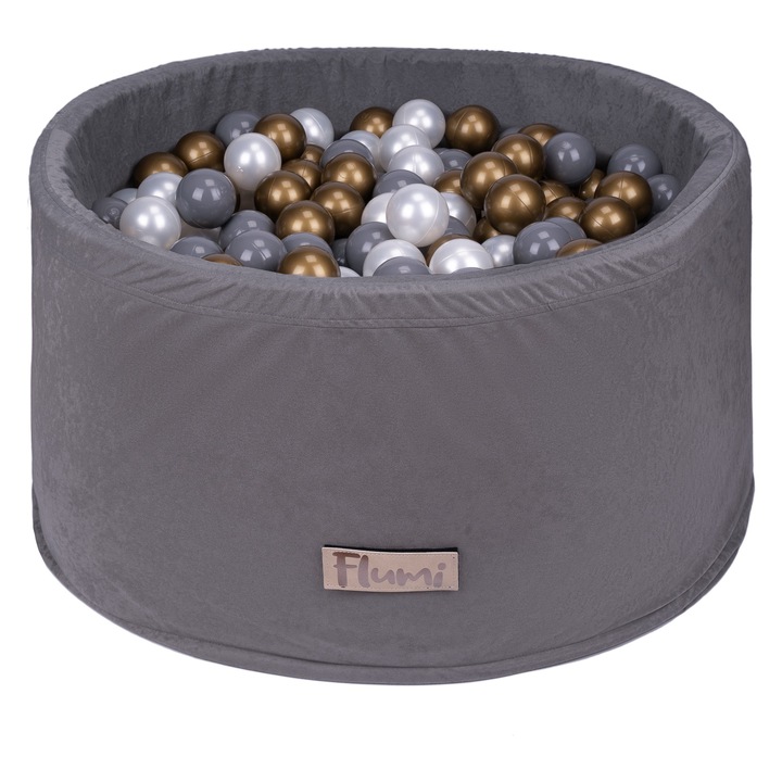 Piscina Uscata Pentru Copii 200 Bile , 90X40 CM, Catifea Gri, Bile Aurie