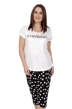 Pijamale dama, Vienetta, maneca scurta si pantaloni 3 trei sferturi, model Dots, Alb/Negru Pijamale dama, Vienetta, maneca scurta si pantaloni 3 trei sferturi, model Dots, Alb/Negru
