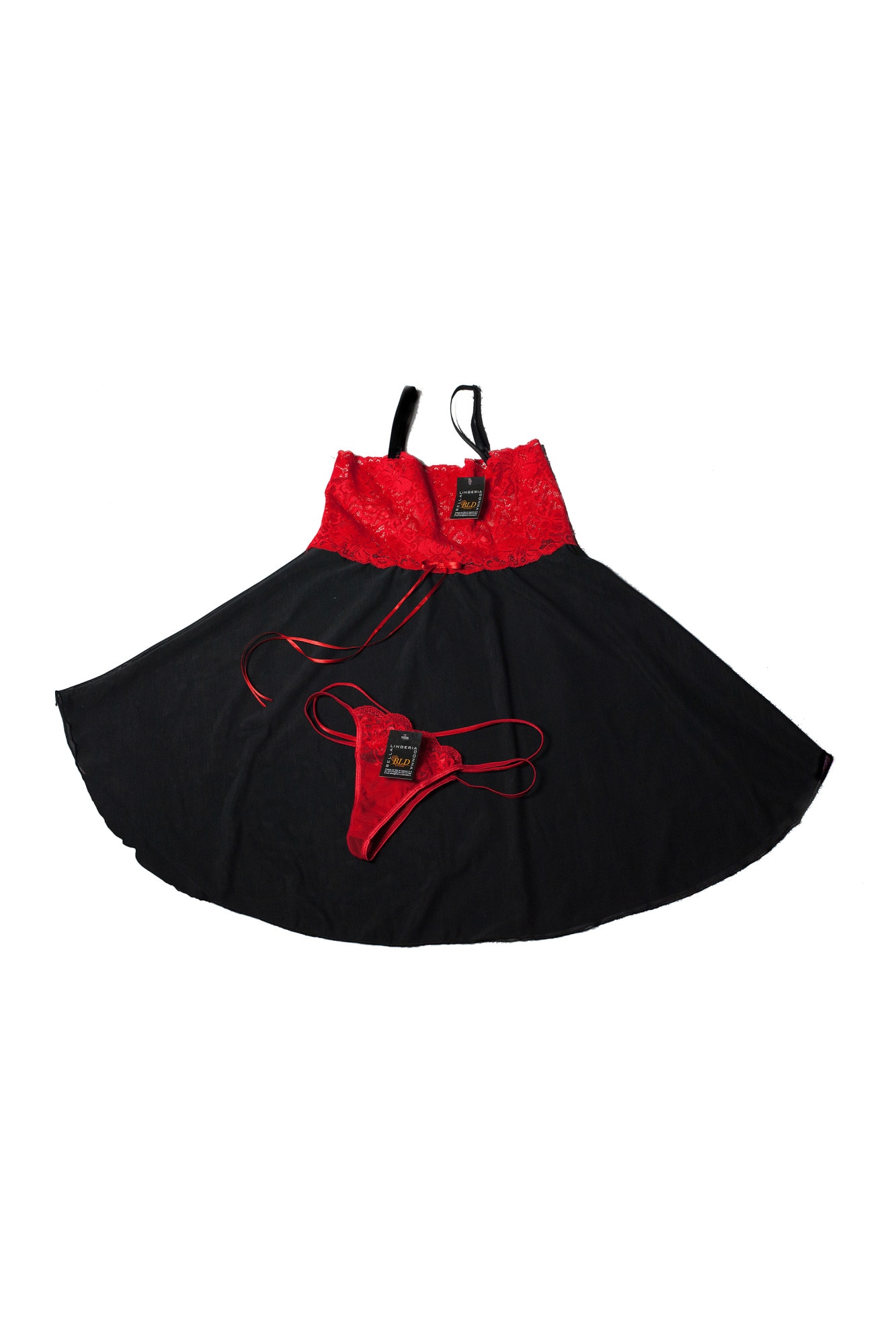 Set Baby Doll, chilot tanga, dantela, negru,BLD by Exclusive, Negru/Rosu