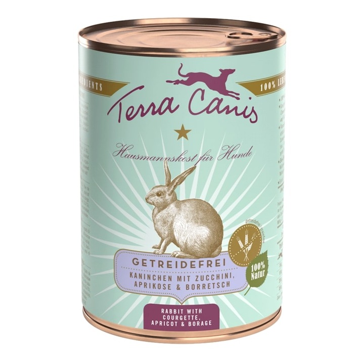 Nyúlhús cukkinivel, sárgabarackkal és borágóval, 400g, Terra Canis GRAINFREE, Nedves Táp, Konzerv