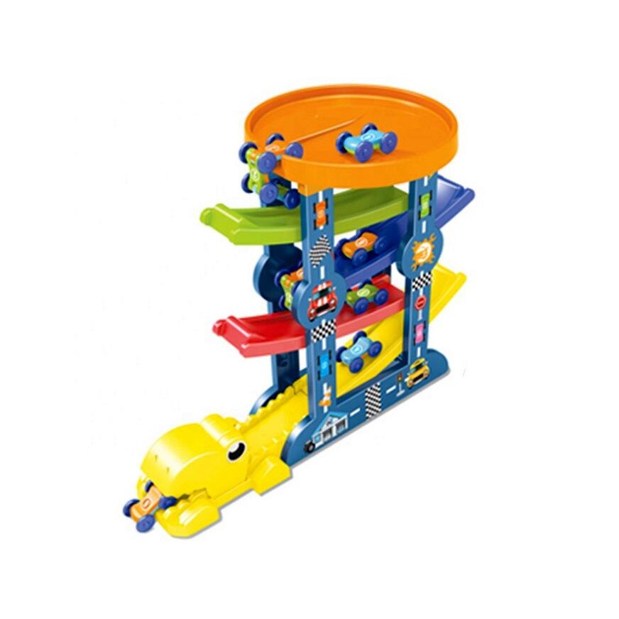 Set Pista cu masinute pentru raliu 5 nivele, dinozaur galben