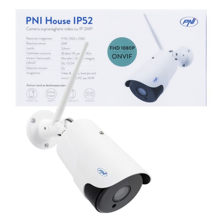 PNI House IP52 Beltéri & kültéri vezeték nélküli IP térfigyelő kamera, 2MP 1080p, microSD kártyahely, Éjjellátó, Fehér