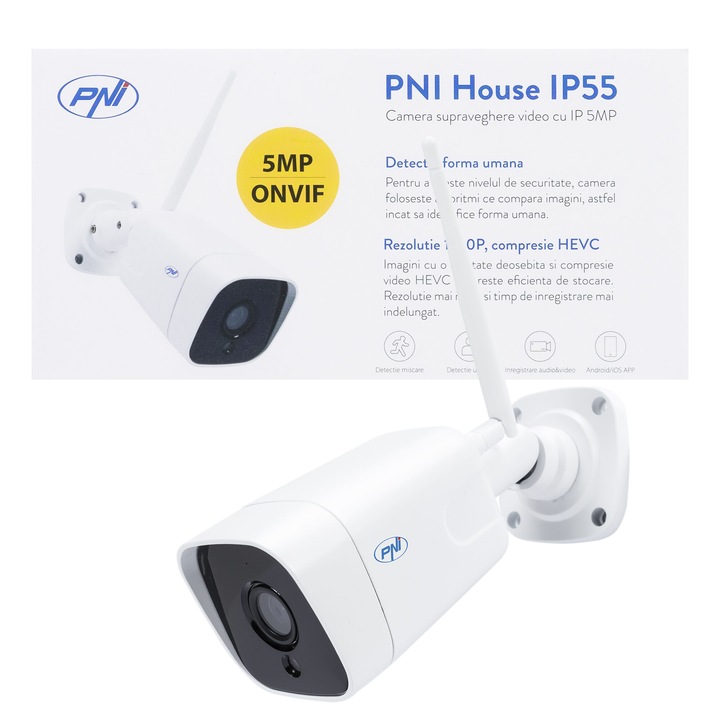 Camera supraveghere video PNI House IP55 5MP wireless cu IP de exterior si interior si slot microSD, mod noapte