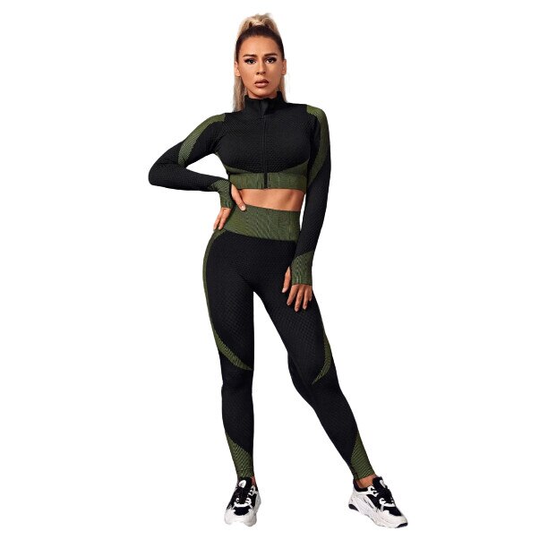 Set fitness 3 piese, Herablum®, Peach, cusaturi subtiri, material elastic, Negru/Verde