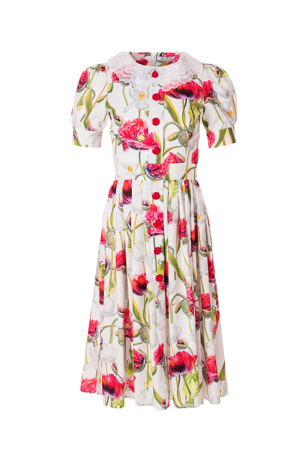 MIYU, Rochie cu model floral si guler de dantela, Alb prafuit/rosu/verde, XS