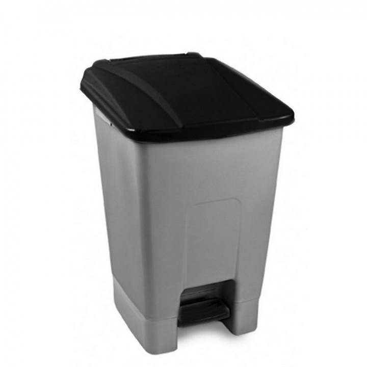 Szelektív hulladékgyűjtő konténer, műanyag, pedálos, fém színű, fekete, 70L