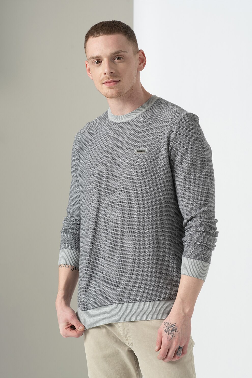 Napapijri, Pulover cu decolteu la baza gatului si aspect texturat Doril, Gri inchis/Gri deschis