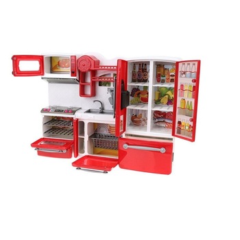 Mini bucatarie de jucarie pentru papusi, Dimensiuni 37 x 7,5 x 27, Format din 3 module separate, Include 47 de articole, pahare, linguri, farfurii, cutit, frigider si produse alimentare, Ajuta la cresterea abilitatilor manuale Mini bucatarie de jucarie pentru papusi, Dimensiuni 37 x 7,5 x 27, Format din 3 module separate, Include 47 de articole, pahare, linguri, farfurii, cutit, frigider si produse alimentare, Ajuta la cresterea abilitatilor manuale