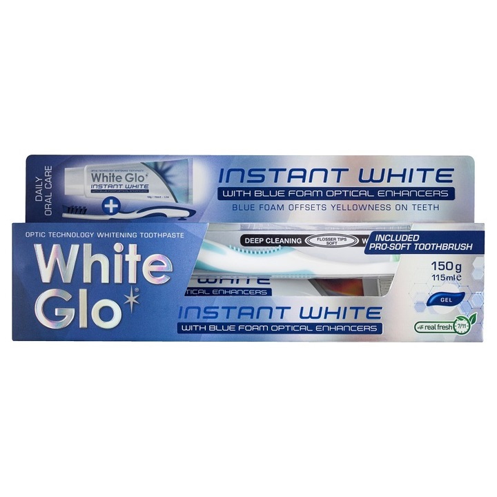 Комплект паста и четка за зъби White Glo Instant White с оптични подобрители от синя пяна, 100 ml, 150 g