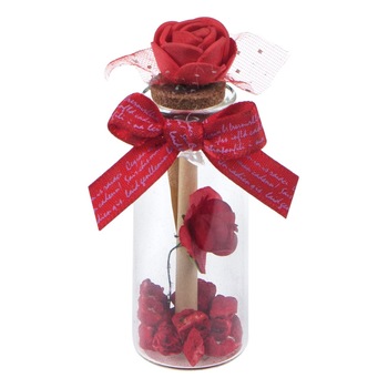 Sticluta cu ravas forma papirus, trandafiri, fundita, dop pluta, 9x3cm Sticluta cu ravas forma papirus, trandafiri, fundita, dop pluta, 9x3cm