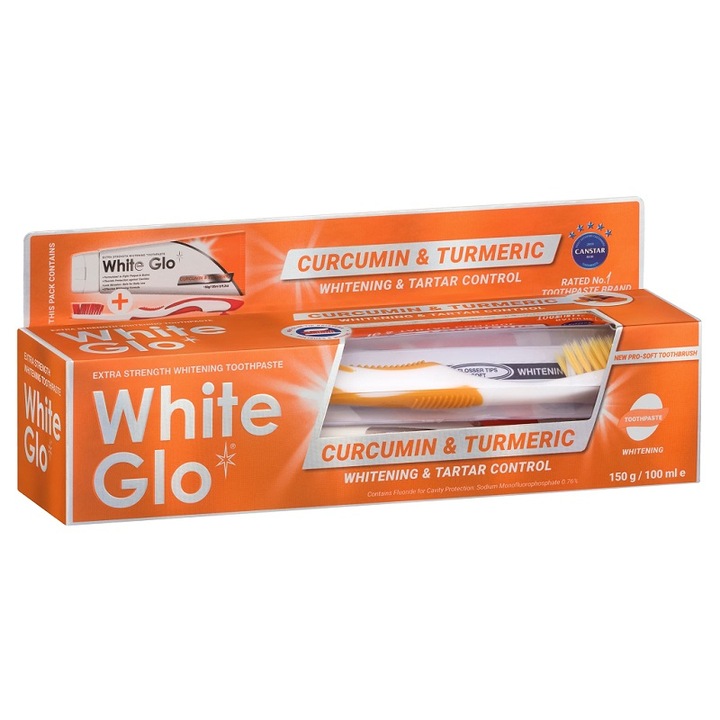 Опаковка паста и четка за зъби, White Glo Куркумин и куркума, 100 ml, 150 g