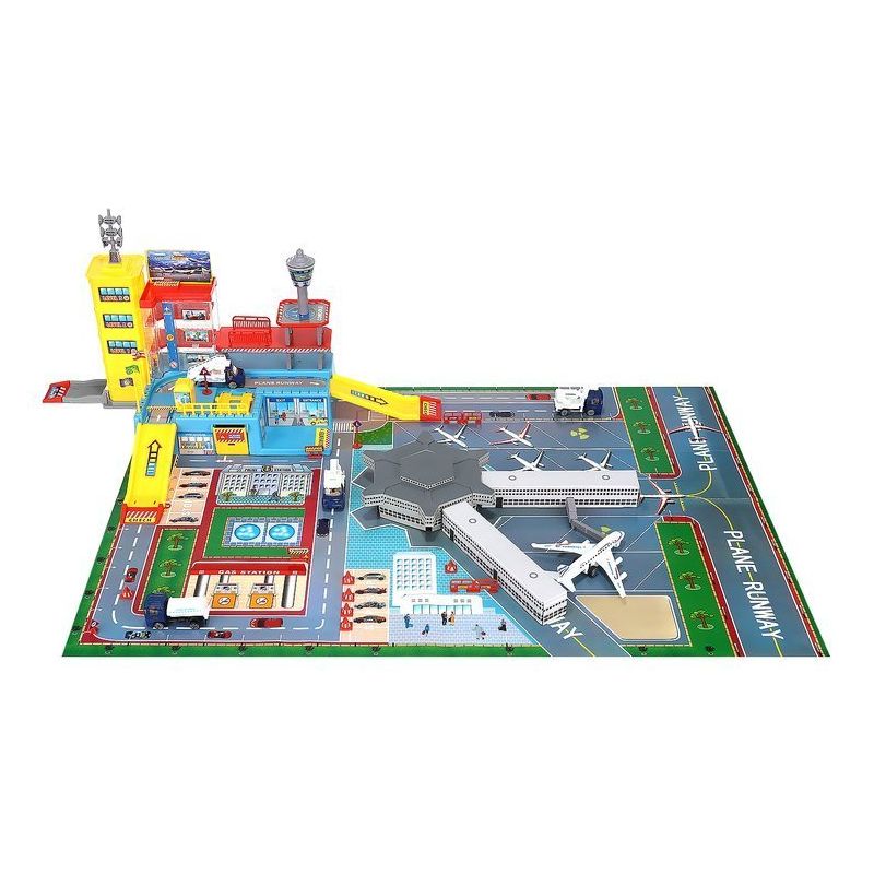 Aeroport pentru copii HEAVEAN AIRPORT idealSTORE, Dimensiuni 95 x 60 x 28,5 cm, Este format din 70 elemente, Include accesorii, avion, 4 camioane, indicatoare, autocolante, pista de aterizare