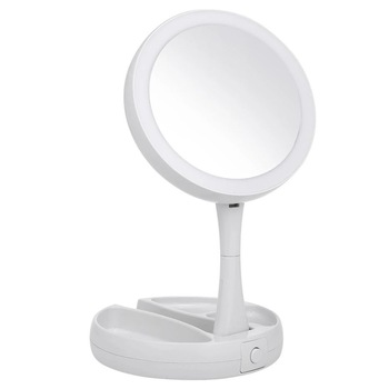 Oglinda cosmetica rotunda, cu 2 fete si iluminare cu 15 becuri LED, pliabila, factor de marire, cu betrii, culoare alb Oglinda cosmetica rotunda, cu 2 fete si iluminare cu 15 becuri LED, pliabila, factor de marire, cu betrii, culoare alb