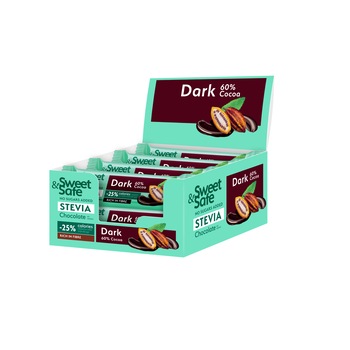 Pachet 32 buc ciocolata amaruie 60% cu indulcitor din Stevia, Sweet&Safe, fara zaharuri adaugate, 25g Pachet 32 buc ciocolata amaruie 60% cu indulcitor din Stevia, Sweet&Safe, fara zaharuri adaugate, 25g