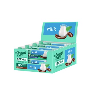 Pachet 32 buc ciocolata cu lapte si indulcitor din Stevia, Sweet&Safe, fara zaharuri adaugate, 25g Pachet 32 buc ciocolata cu lapte si indulcitor din Stevia, Sweet&Safe, fara zaharuri adaugate, 25g
