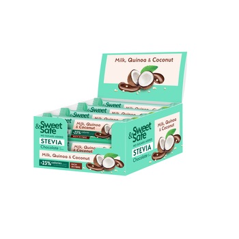 Pachet 32 buc ciocolata cu lapte & cocos & quinoa si indulcitor din Stevia, Sweet&Safe, fara zaharuri adaugate, 25g Pachet 32 buc ciocolata cu lapte & cocos & quinoa si indulcitor din Stevia, Sweet&Safe, fara zaharuri adaugate, 25g