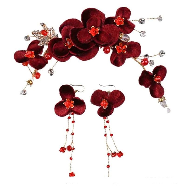 Set Accesoriu Par si Cercei Danielina, Pursehuit, Aliaj metalic, Rosu