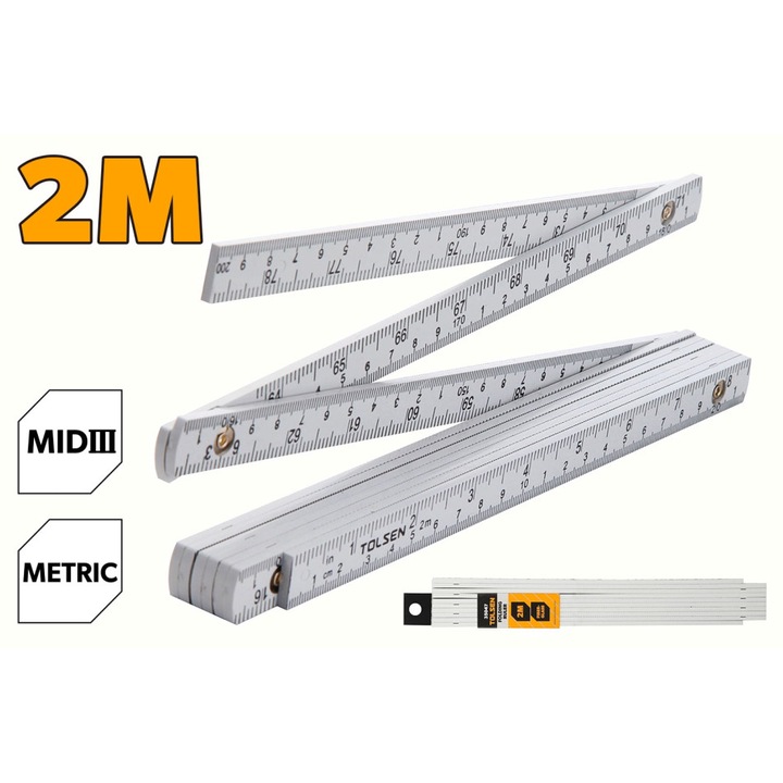 Metru pliabil TOLSEN 2m, corp durabil din ABS cu arc de revenire, usor si compact, ideal pentru masuratori rapide si precise in tamplarie, constructii si activitati de zi cu zi