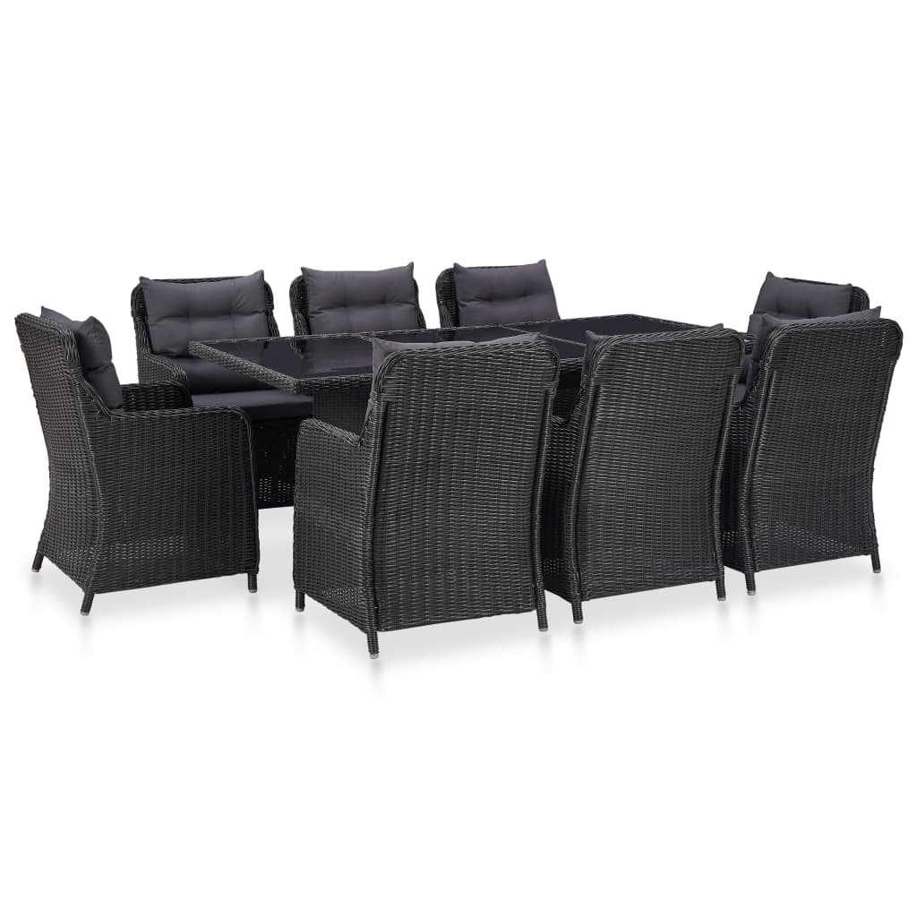 Set mobila de exterior cu perne din 9 piese, vidaXL, Poliratan, 200 x 100 x 74 cm/64 x 65 x 90 cm, Negru