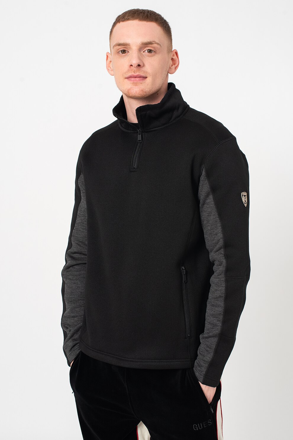 GUESS JEANS, Bluza sport cu buzunare laterale cu fermoar, Negru, 2XL