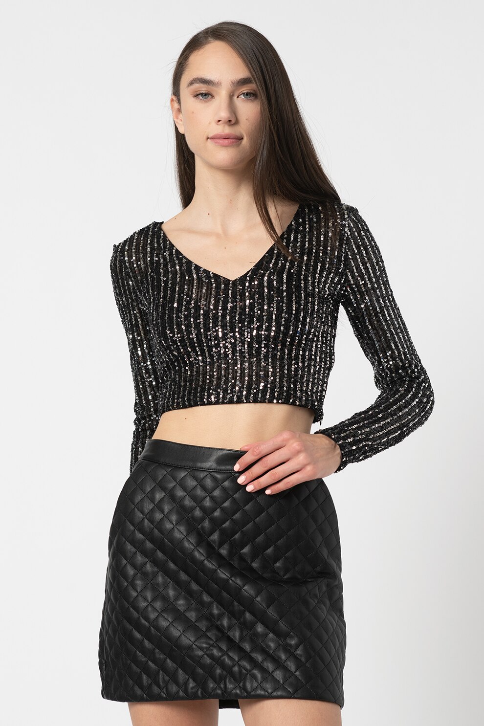 GUESS JEANS, Bluza crop cu paiete, Negru/Argintiu