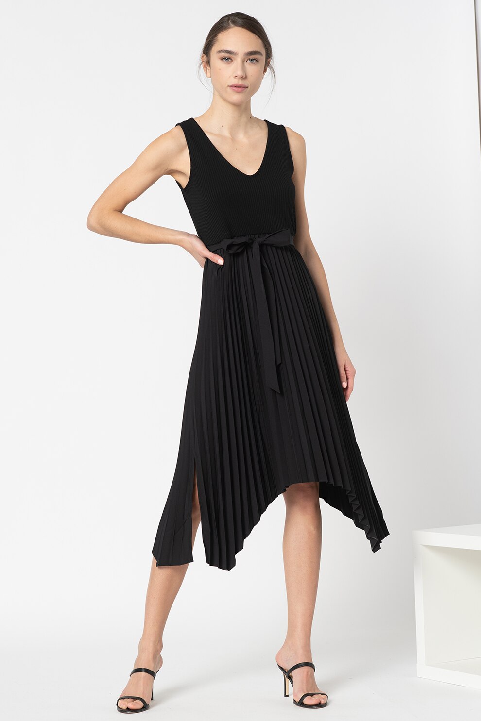 GUESS JEANS, Rochie midi cu decolteu in V si pliuri, Negru, S