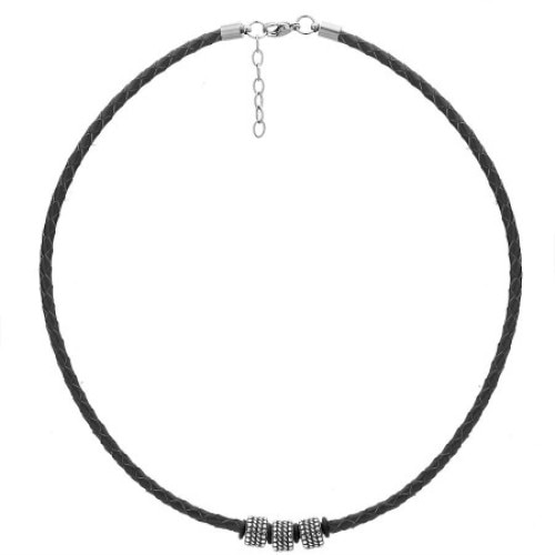 Colier Manoki WA507B, piele neagra, inox, lungime 49cm