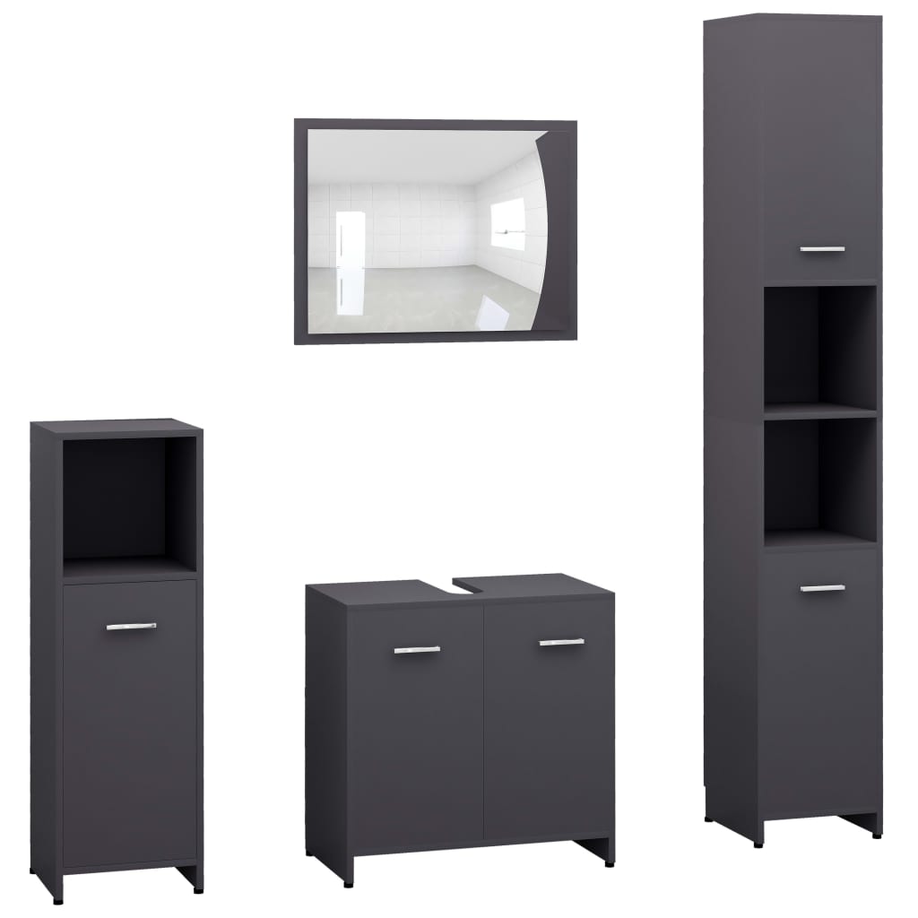 Set mobilier de baie cu oglinda din 4 piese, vidaXL, PAL, 30 x 30 x 183.5 cm, Gri inchis